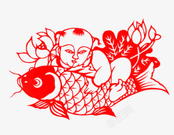 中国风儿童抱鲤鱼剪纸素材