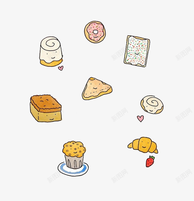 简笔画美食psd免抠素材_88icon https://88icon.com 日系超萌简笔画 漂浮 简笔画 美食 蛋糕 面包