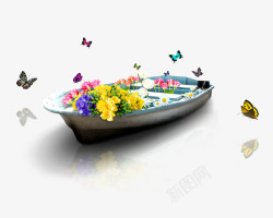 漂浮在水面的假山蝴蝶围绕的小船高清图片