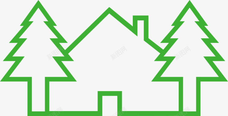 松树绿色线条房子和树图标图标