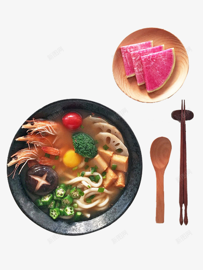 日式乌冬面psd免抠素材_88icon https://88icon.com 木制餐具 海鲜 蔬菜 西瓜
