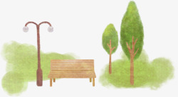 手绘清晨公园美景大树长椅素材