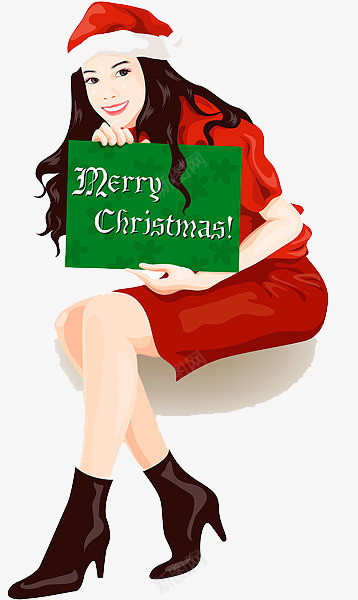 卡通圣诞节美女png免抠素材_88icon https://88icon.com 免抠坐下的女人 卡通圣诞节美女 圣诞帽 拿着牌子的女人 红色的衣服 绿色的牌子