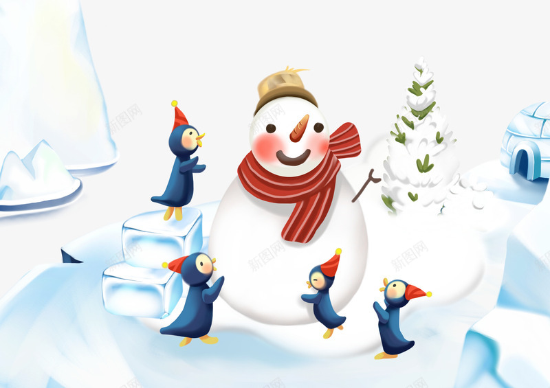 围着雪人的四个小企鹅png免抠素材_88icon https://88icon.com 企鹅 冬雪 卡通插画 雪 雪人
