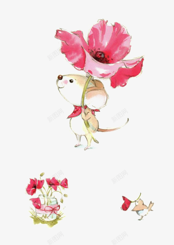 花朵和老鼠png免抠素材_88icon https://88icon.com 动物 卡通 手绘 拟人 插画 粉色 老鼠 花朵
