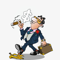 卡通提着箱子的男人抽雪茄踩香蕉素材