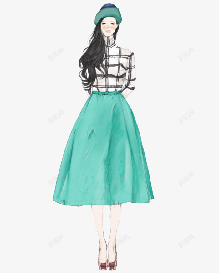 手绘长发时尚女孩png免抠素材_88icon https://88icon.com 优雅唯美 女装 宴会服手稿 服装设计 礼服 设计 长发时尚女孩