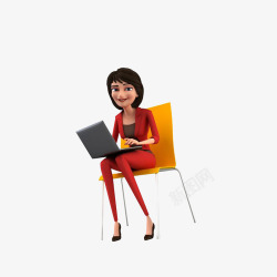 立体坐着使用电脑的红衣女子素材