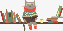 可爱装饰画森林动物小猫咪读书卡通插画矢量图高清图片