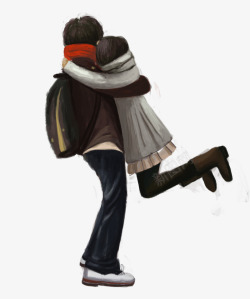 拥抱的情侣手绘人物插图冬日拥抱的情侣插画高清图片