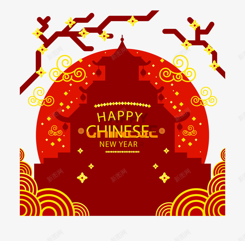 手绘中国风新年矢量图ai免抠素材_88icon https://88icon.com 中国风 八角建筑 喜庆红色 手绘 新年 春节 矢量图