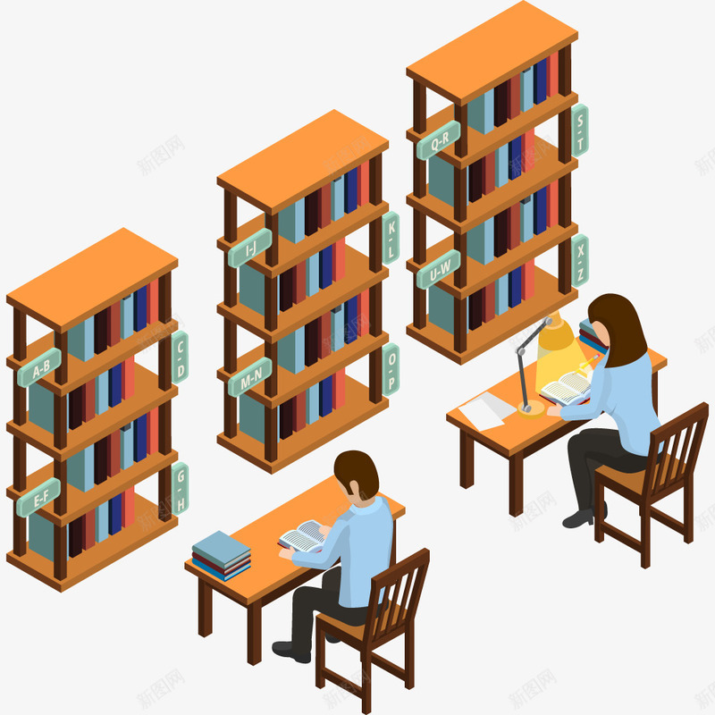 卡通图书馆png免抠素材_88icon https://88icon.com 书架 买书 卡通 图书整理 图书馆 手绘 桌子 椅子 蓝色 黄色