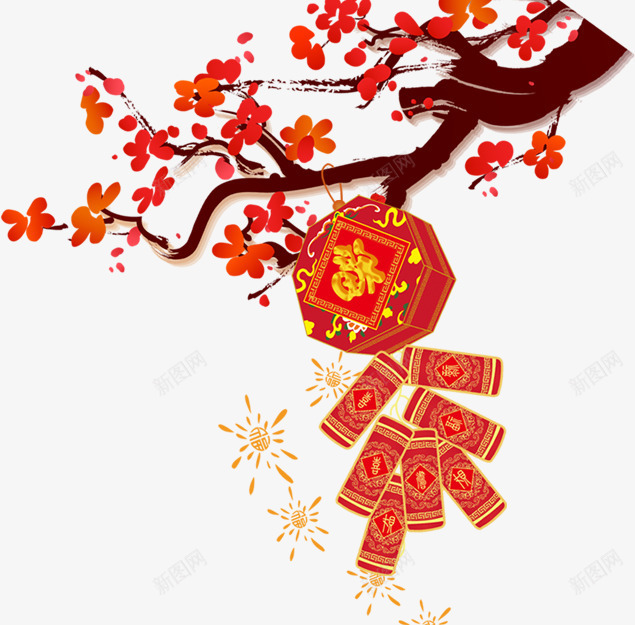 红色中国风花枝鞭炮png免抠素材_88icon https://88icon.com 新年 新春 春节 桃花 福字 花枝 过年 鞭炮