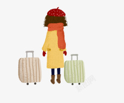 冬季装扮手绘插画行李箱和回家过年的人高清图片