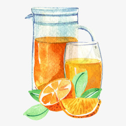 水彩绘橙子橙汁和杯具矢量图素材