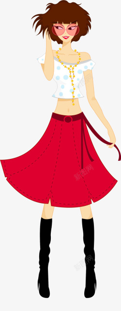 露脐装红色裙子黑色马靴的女生素材