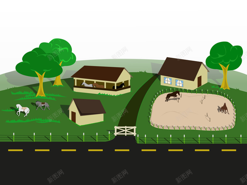 农舍矢量图ai免抠素材_88icon https://88icon.com 动物 小树 草坪 蓝天草原 道路 矢量图