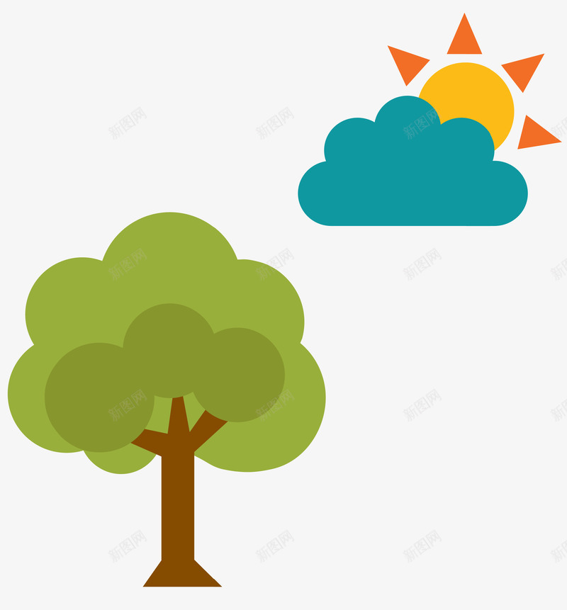 扁平化太阳和大树矢量图eps免抠素材_88icon https://88icon.com 云朵中的太阳 大树 扁平化 矢量图