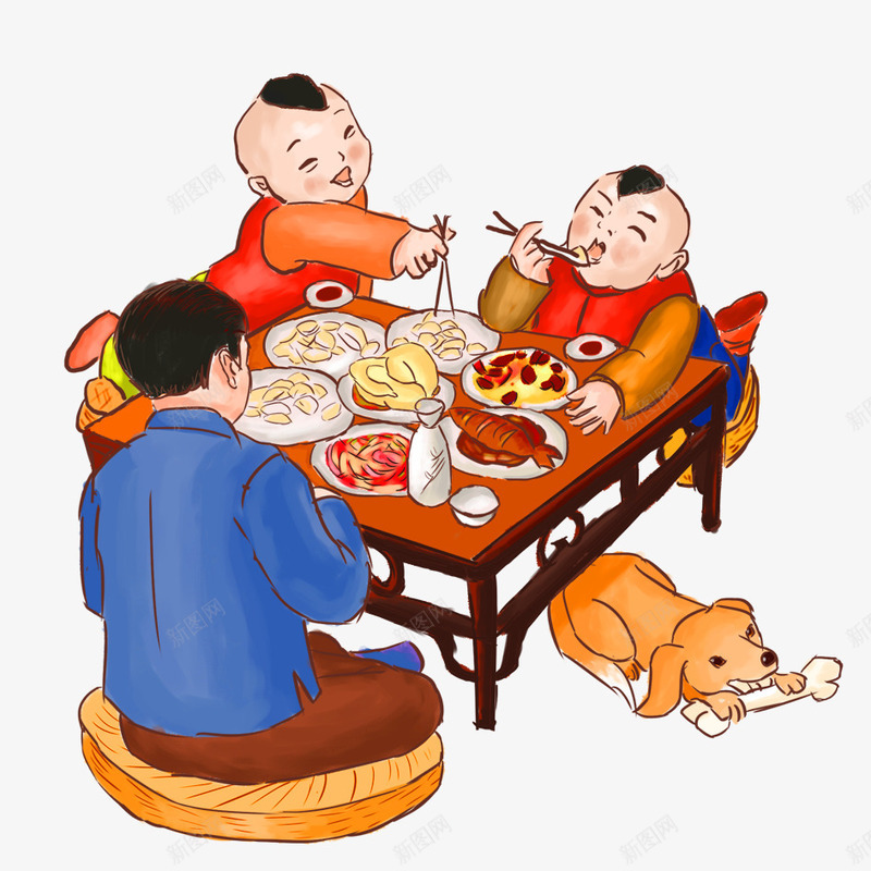 卡通春节一家人团聚png免抠素材_88icon https://88icon.com 一家人 卡通 吃饭 团聚 坐在餐桌前 小狗 幸福 幸福祝福 温馨 温馨一家人