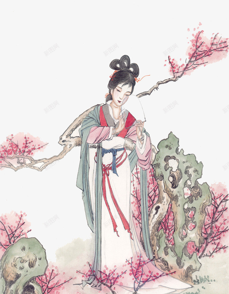 古代美女图png免抠素材_88icon https://88icon.com 中国风 仕女 仕女赏花图 如花似玉 石头 红梅 红衣 美女 花枝