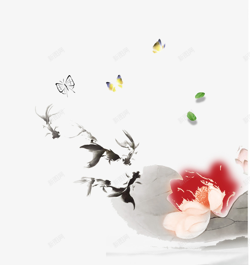 水墨绘画美景png免抠素材_88icon https://88icon.com png图片 免费png 漂浮 花朵 蝴蝶 鱼