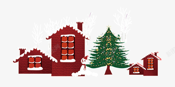 圣诞节红色木屋雪人圣诞树png免抠素材_88icon https://88icon.com 圣诞树 圣诞节 木屋 红色 雪人