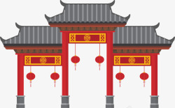 春节红色建筑大门素材
