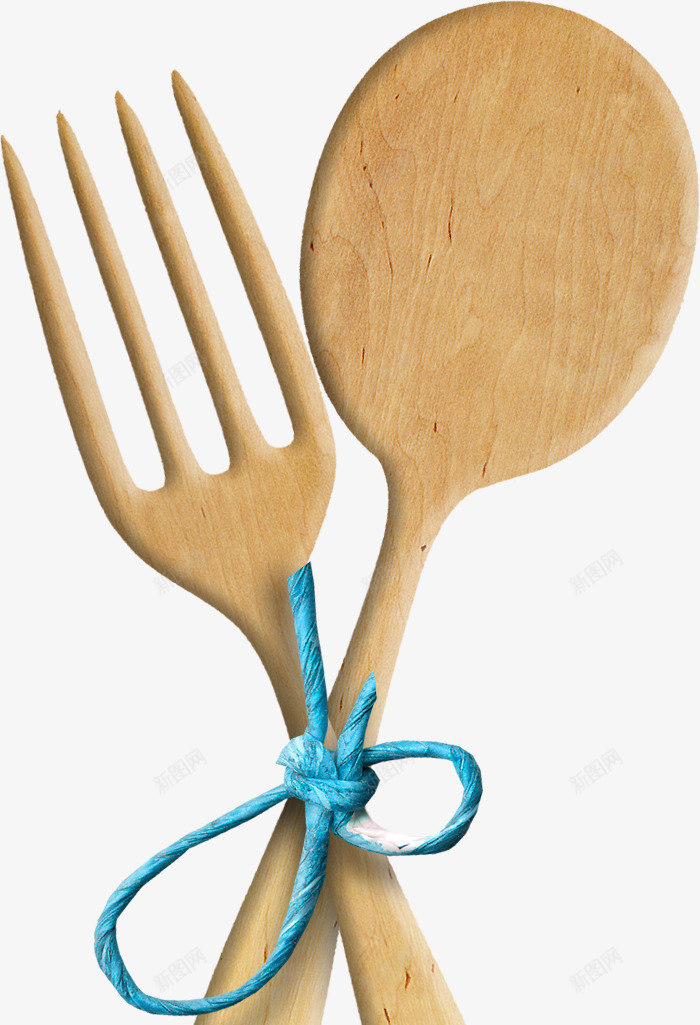 蓝色绳子木质勺子叉子png免抠素材_88icon https://88icon.com 木质勺子 木质叉子 蓝色绳子 餐具