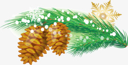 黄色雪子冬季绿色松叶装饰高清图片