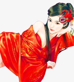妖娆红衣美女古风手绘素材