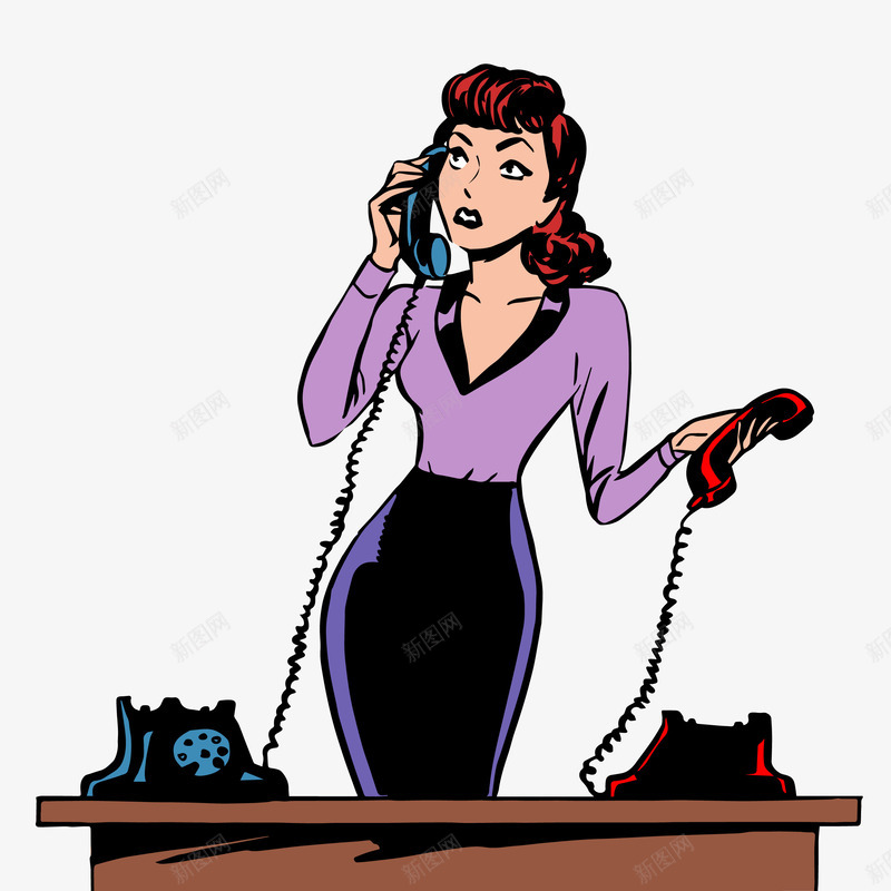 打电话的女人png免抠素材_88icon https://88icon.com 卡通 卷发 女人 手绘 电话 电话线 红色的 蓝色的