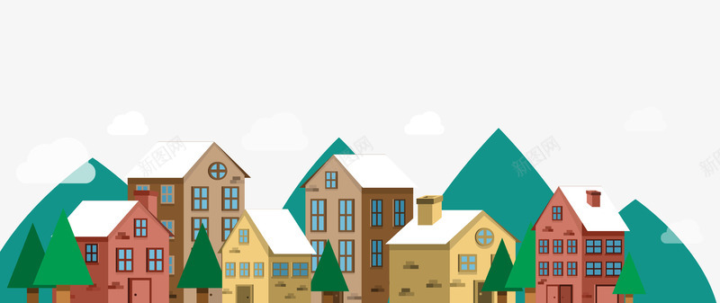 卡通手绘彩色冬季小镇房屋png免抠素材_88icon https://88icon.com 冬季的小镇 卡通的树木 彩色的房子 矢量的房屋