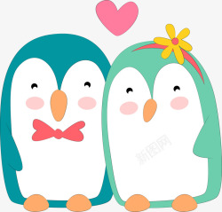 绿色卡通企鹅情侣装饰图案素材
