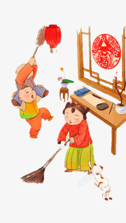 春节一家人打扫卫生素材