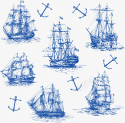 手绘帆船蓝色海盗船素材