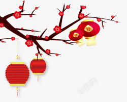 春节红梅灯笼卡通手绘psd分层图素材