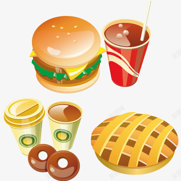 速食食品及饮品矢量图ai免抠素材_88icon https://88icon.com 可乐 咖啡 汉堡 速食品 面包 矢量图