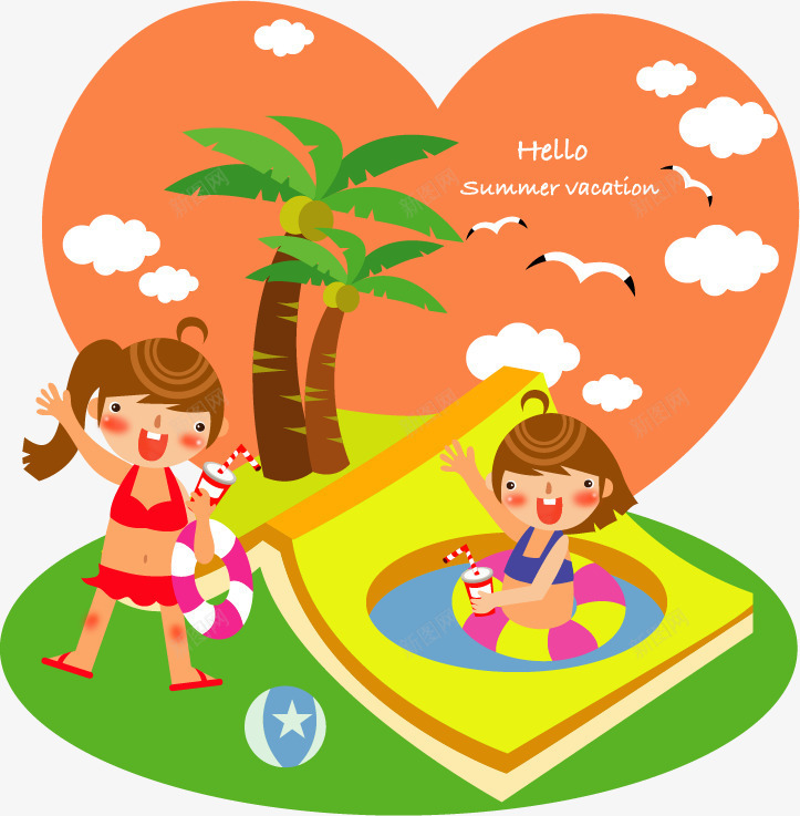 儿童暑假png免抠素材_88icon https://88icon.com 儿童 卡通 女孩 暑假 椰树 玩耍 草坪
