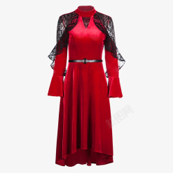 红色蕾丝高腰中长裙礼服素材
