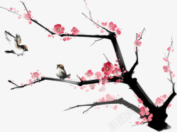 冬季服饰粉色梅花树枝小鸟素材