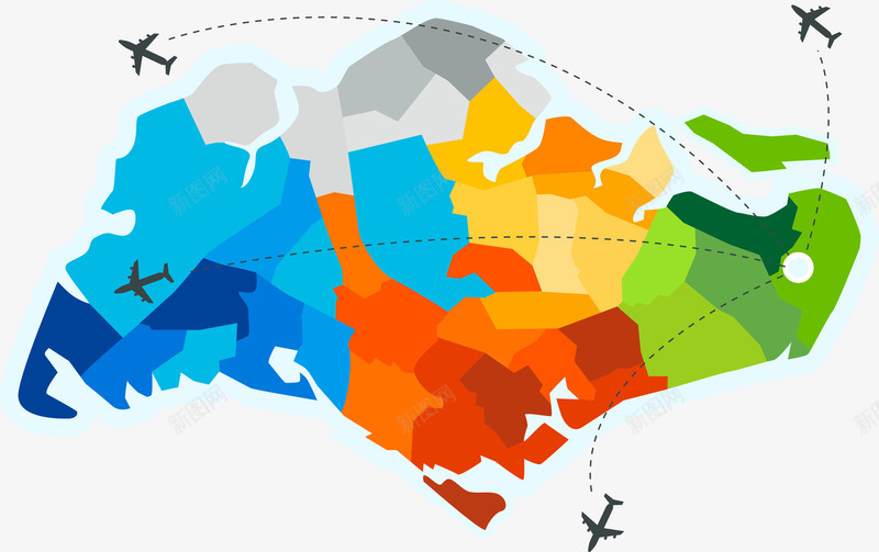 彩色飞行新加坡地图png免抠素材_88icon https://88icon.com 世界地图 地图 平面地图 科技 科技感地图 色块 行程 飞机