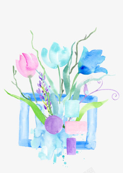 水彩蓝色边框和花卉素材