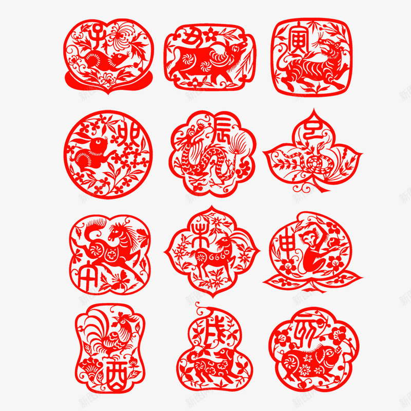 春节十二生肖剪纸psd免抠素材_88icon https://88icon.com 中华艺术 中国风 传统节日 剪纸 十二生肖 新年 春节 红色