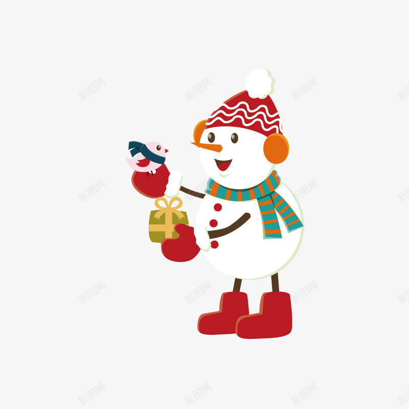 拿着礼盒的雪人卡通图png免抠素材_88icon https://88icon.com 冬季 卡通 可爱的 围巾 小鸟 帽子 礼盒 雪人