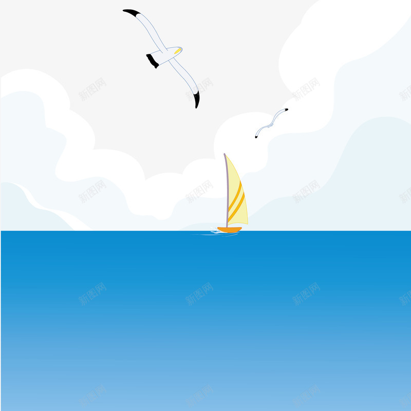 海边的风景矢量图ai免抠素材_88icon https://88icon.com 帆船 海边 海鸥 蓝色 矢量图