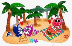 动物情侣休息棕榈树海滩暑假素材