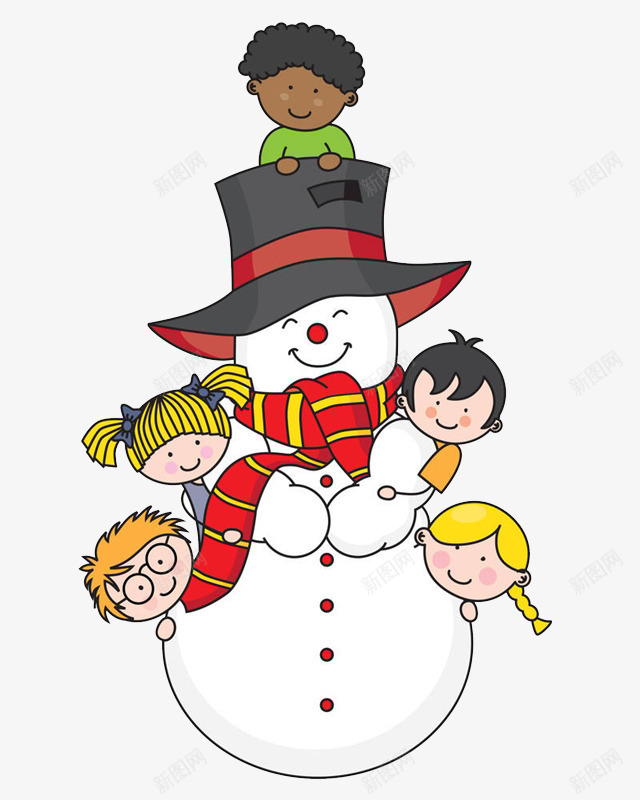 卡通雪人身上的孩子png免抠素材_88icon https://88icon.com 免抠孩子堆雪人 卡通雪人 帽子 微笑的雪人 红色的围巾 身上的孩子