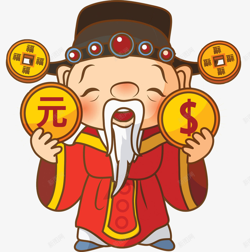 高兴地财神爷png免抠素材_88icon https://88icon.com 卡通 男人 红色的 老人 财神爷 金币 高兴地