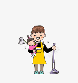 卡通抱着孩子打扫卫生的男人素材