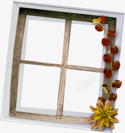 木质窗户架子植物花朵装饰素材